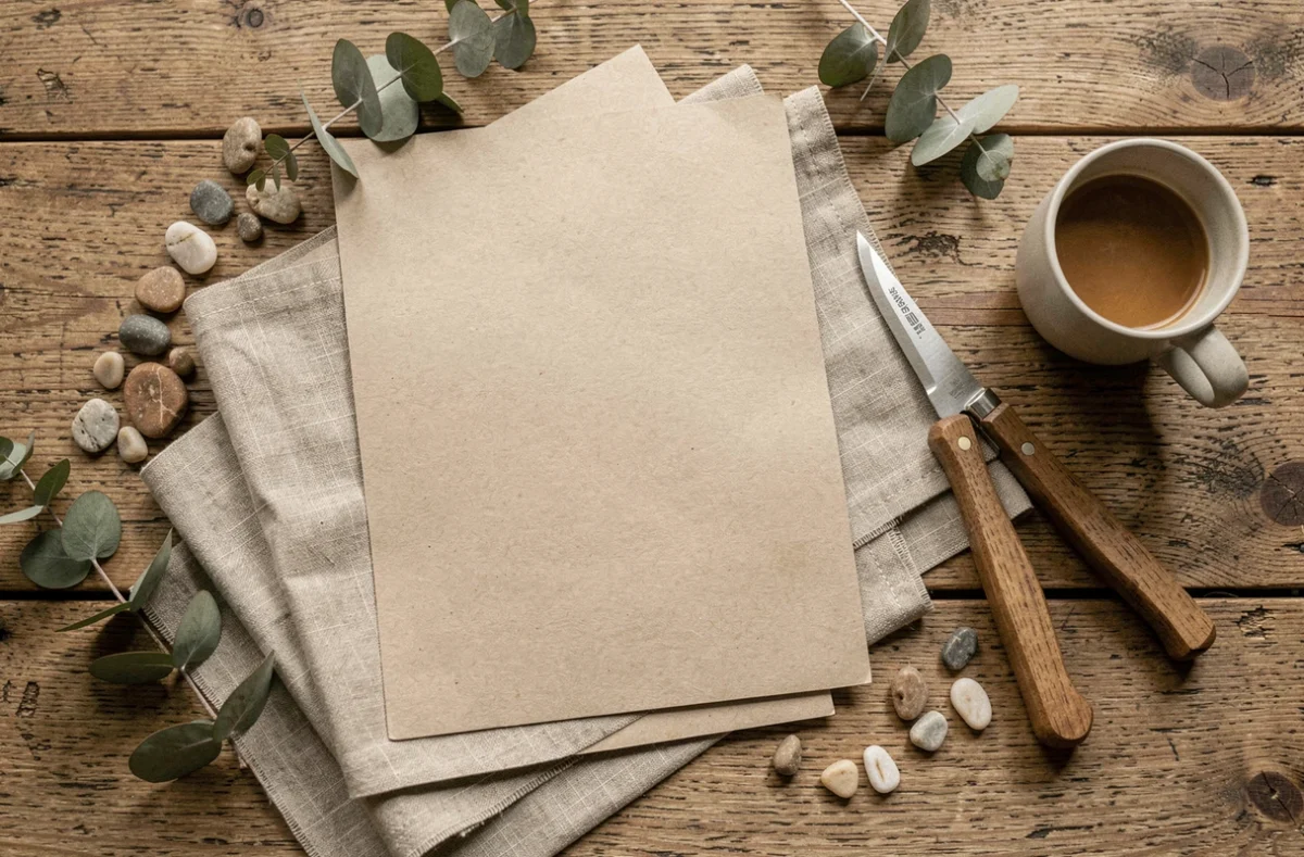 Flat-lay de papier kraft beige, lin naturel et accessoires en bois sur une table en chêne brut