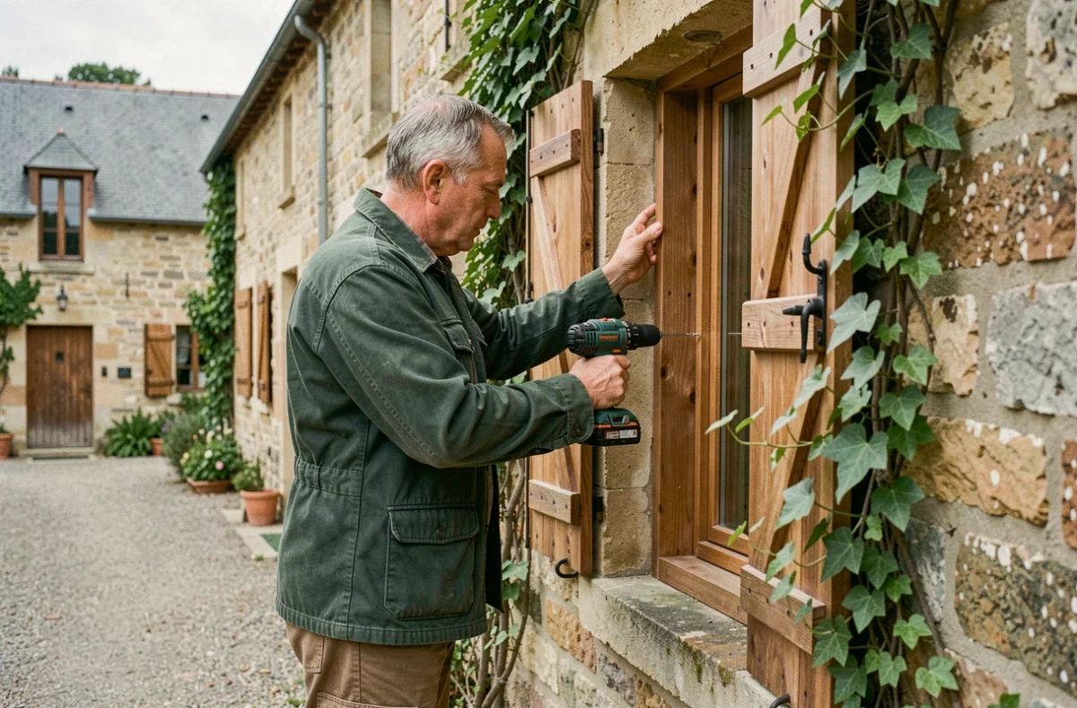 Fabrice Potot de FP Menuiserie posant un volet en bois sur une ferme en pierre traditionnelle à Brinay dans le Cher