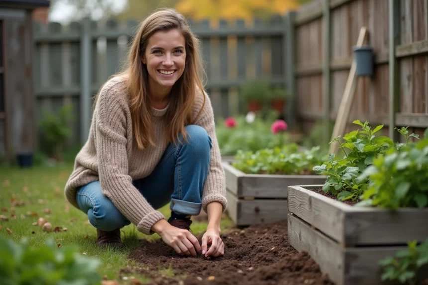 Jardin verdoyant avec des plantes en pleine croissance et outils de jardinage