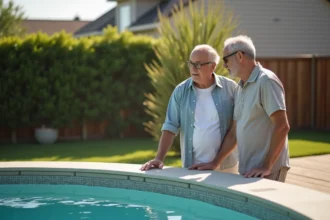 Spa de nage intégré dans un jardin bien aménagé