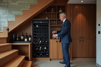 Cave à vin élégante aménagée sous un escalier moderne