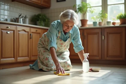 Grand-mère nettoyant un sol en lino avec du vinaigre blanc dans une cuisine vintage