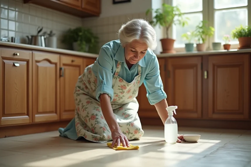 Grand-mère nettoyant un sol en lino avec du vinaigre blanc dans une cuisine vintage