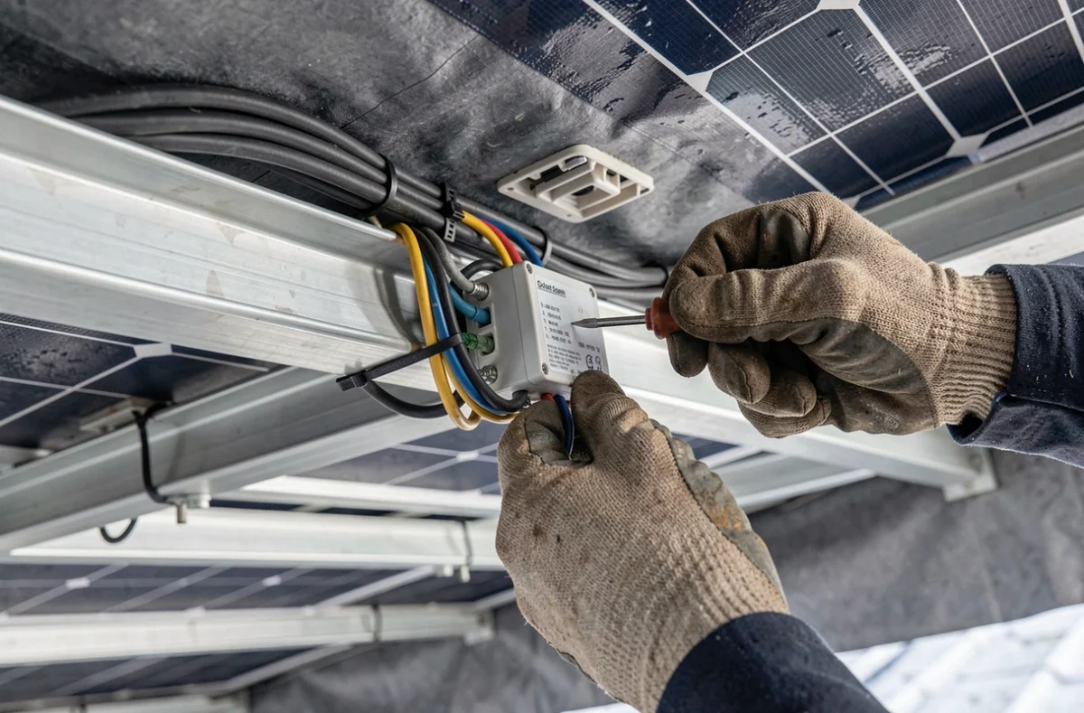 Gros plan des mains d'un électricien connectant le câblage d'un système de panneaux solaires en toiture
