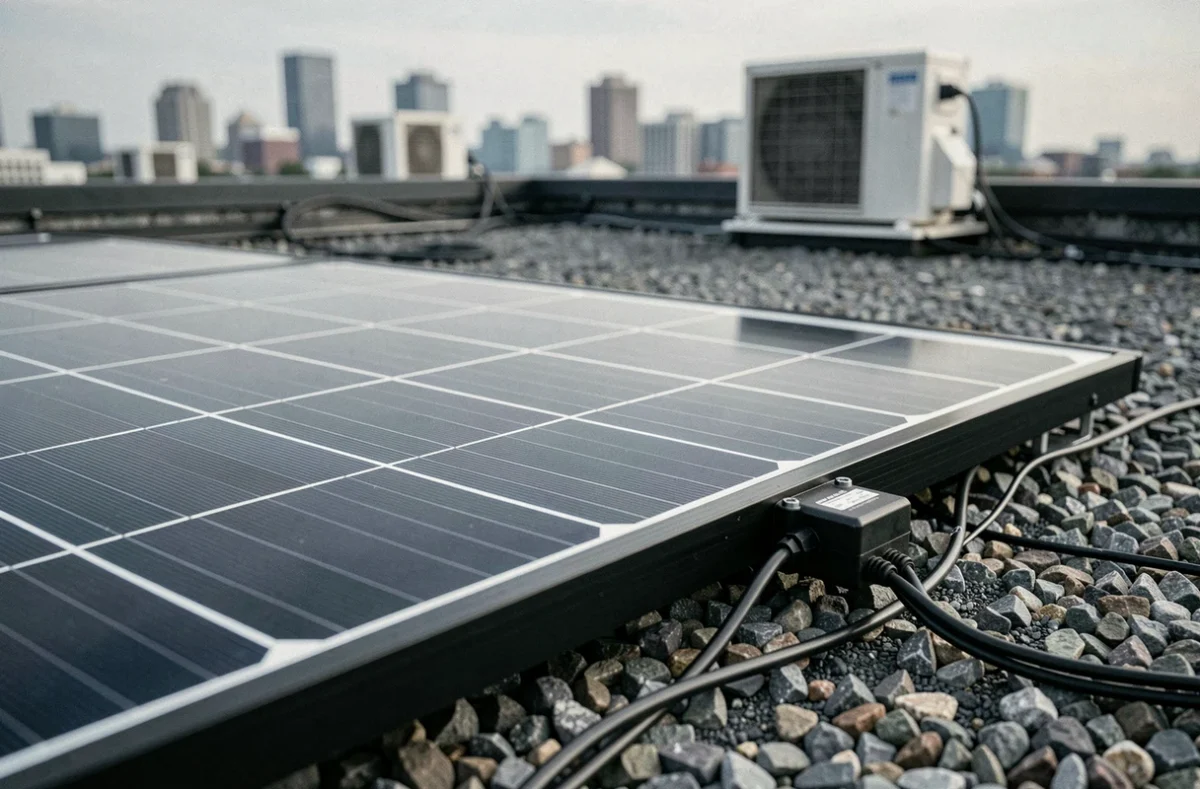 Gros plan sur les cellules photovoltaïques d'un panneau solaire 400W posé sur un toit plat urbain