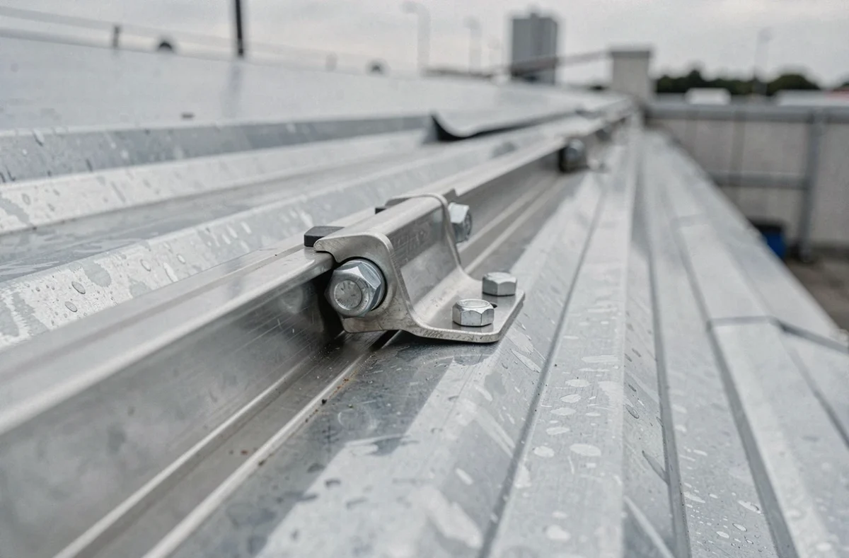 Gros plan sur une fixation en acier inoxydable vissée sur la nervure d'un bac acier trapézoïdal avec rail d'aluminium pour panneau solaire