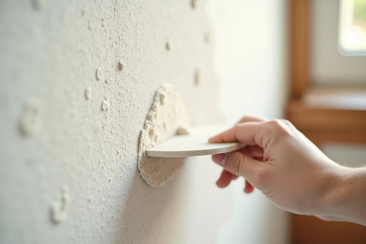 Gros plan sur une surface d'enduit lissé en cours de ponçage avec du papier de verre grain 180
