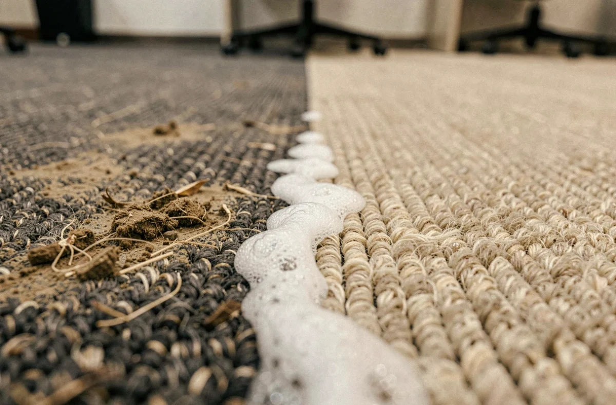 Gros plan sur tapis très sale en cours de nettoyage avec mousse de shampouineuse visible