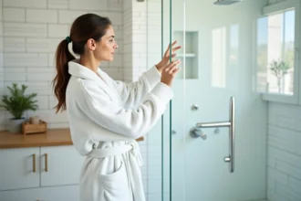 Femme ajustant le robinet de douche dans une salle de bain moderne pour réduire sa consommation d'eau