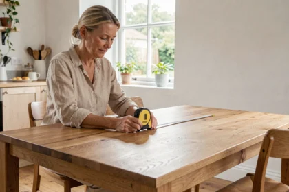 Femme mesurant la hauteur d'une table à manger en chêne avec un mètre ruban dans une cuisine scandinave