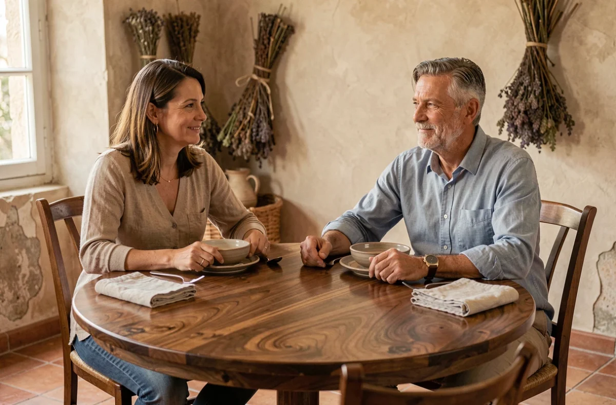 Couple assis à une table ronde en noyer illustrant la bonne hauteur ergonomique d'une table à manger dans un intérieur provençal