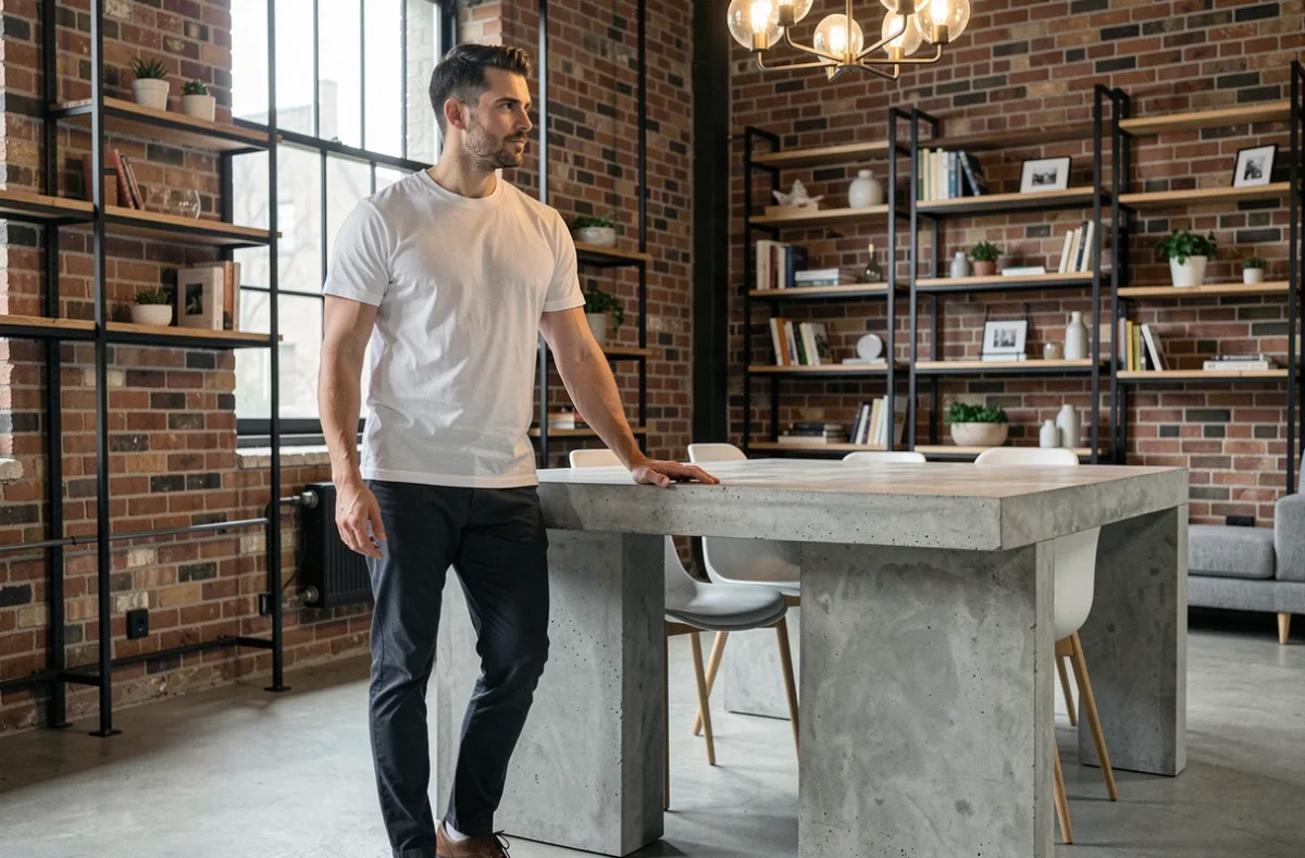 Homme grand comparant la hauteur de table à manger en béton avec la hauteur de ses coudes dans un loft industriel