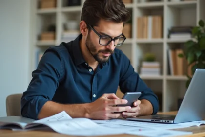 Homme analysant l'application immobilière lamaison360 sur smartphone dans un bureau à domicile