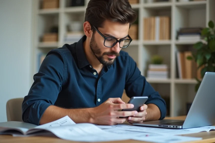 Homme analysant l'application immobilière lamaison360 sur smartphone dans un bureau à domicile
