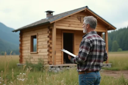 Homme d'âge moyen devant un chalet en bois dans la campagne