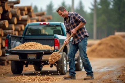Homme en jeans et chemise à carreaux chargeant des copeaux de bois dans une camionnette