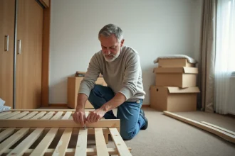 Homme d'âge moyen démonte un lit en bois dans une chambre ordonnée