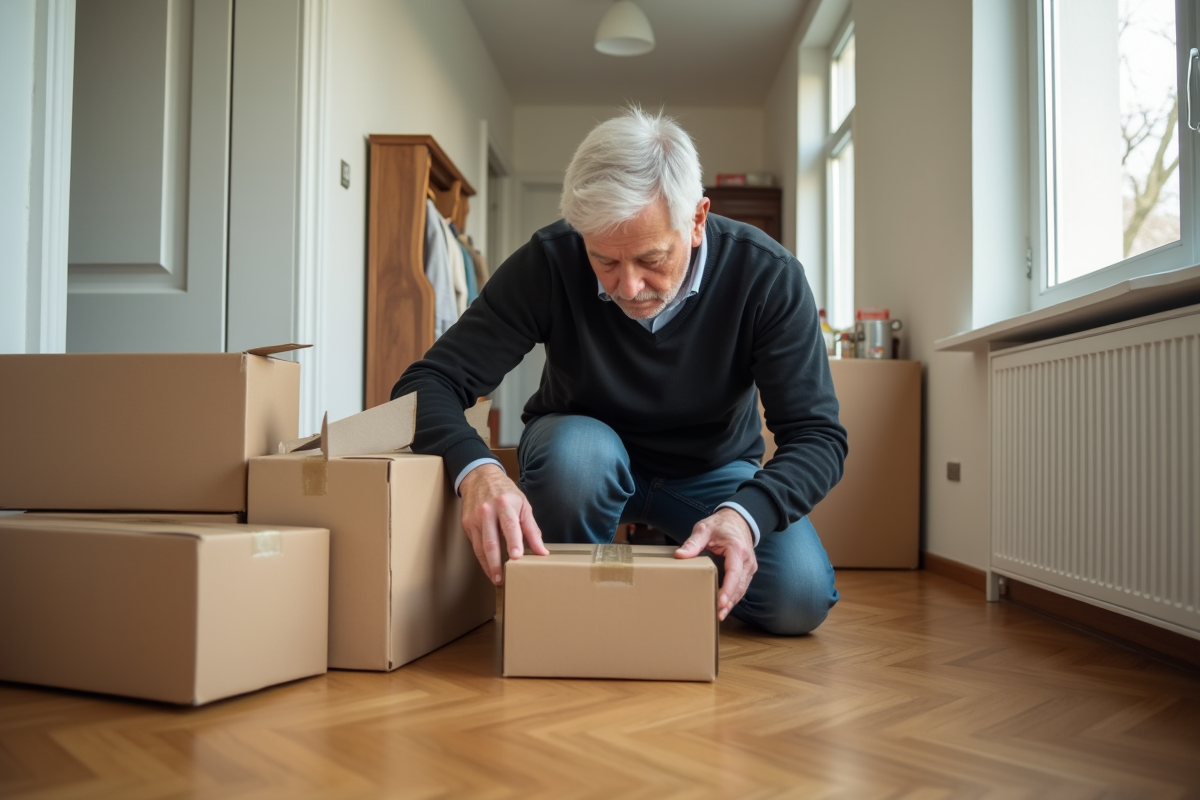 Homme emballant une boxe de déménagement dans un couloir lumineux
