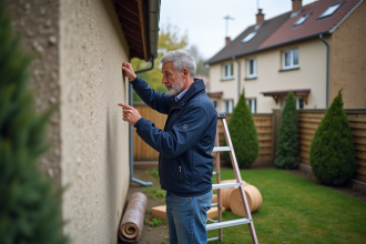 Homme examinant l'isolation d'une maison en banlieue