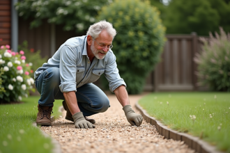 Homme en tenue de jardinage posant sur un chemin de gravier