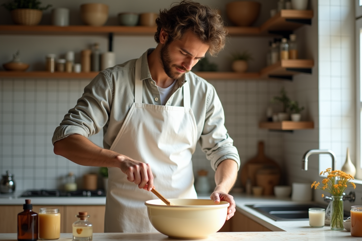 Jeune homme remuant cire de soja dans un atelier lumineux
