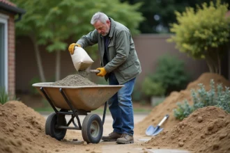 Homme versant du ciment dans un malaxeur extérieur