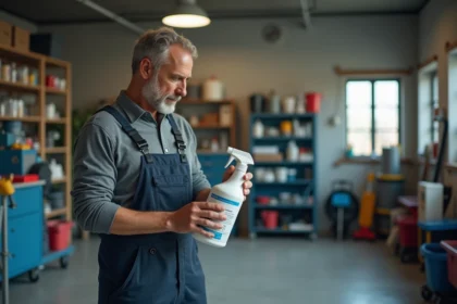 Homme en overalls examinant un produit de nettoyage moderne
