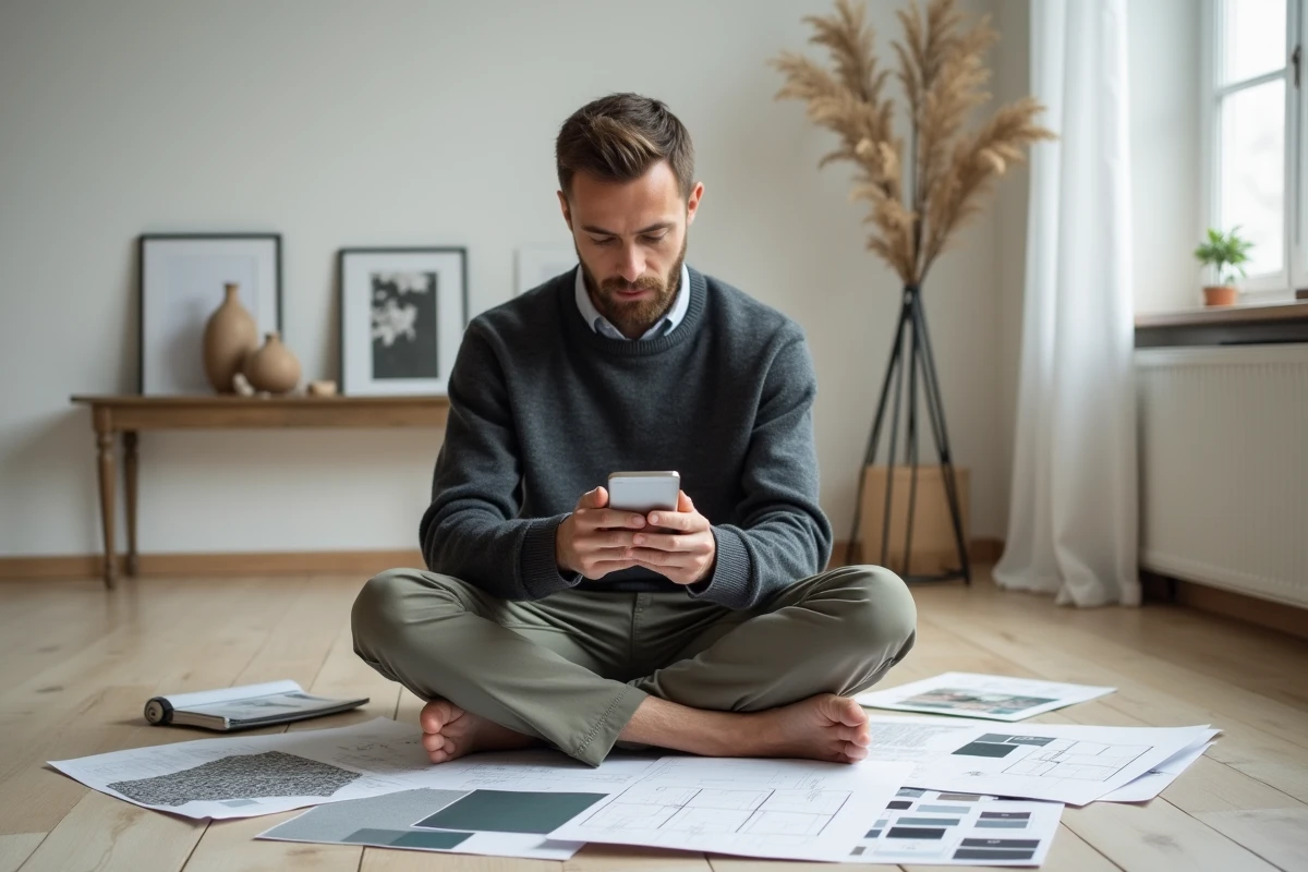 Homme planifiant la décoration d'un appartement en location avec des échantillons de tissus et une application mobile sur smartphone