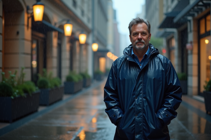 Homme en imperméable bleu dans la ville sous la pluie