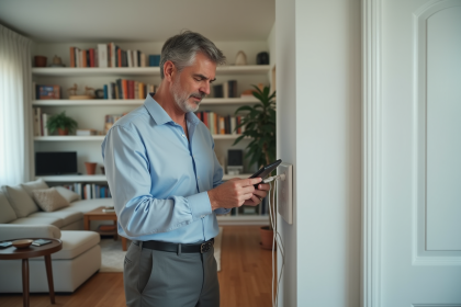 Homme d'âge moyen regardant une prise électrique dans un salon moderne