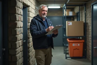 Homme inspectant un espace de stockage souterrain organisé
