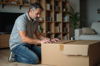 Homme réfléchi à côté d'une boîte de télévision aplatie dans son salon