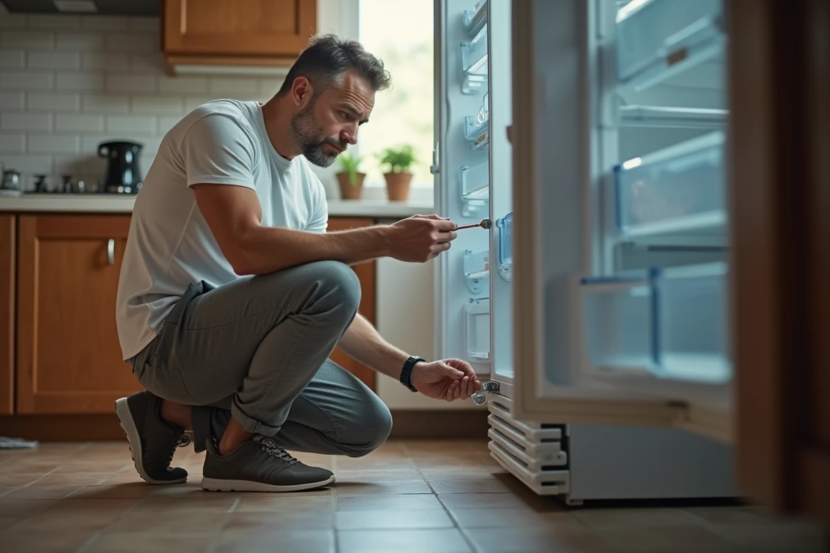Homme explorant le réfrigérateur dans une cuisine urbaine