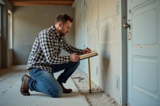 Homme mesurant un mur en rénovation intérieure
