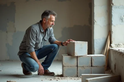 Homme d'âge moyen examine des blocs de béton dans une rénovation intérieure