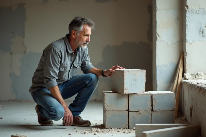 Homme d'âge moyen examine des blocs de béton dans une rénovation intérieure