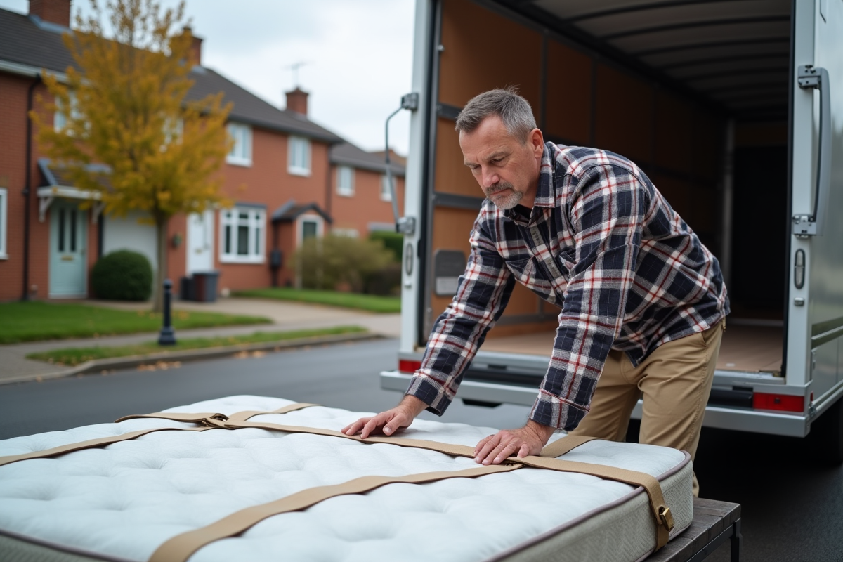 Homme attache un matelas devant une camionnette de déménagement