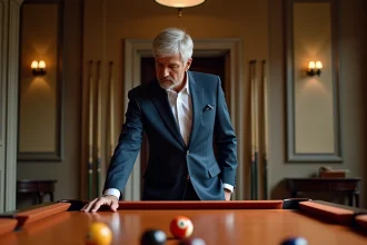 Homme en costume regardant une table de billard élégante