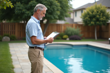 Homme d'âge moyen examinant une piscine dans un jardin résidentiel