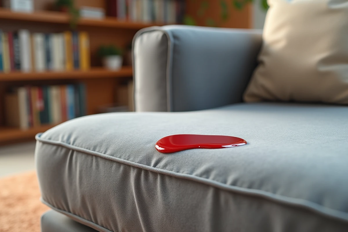 Gros plan sur une housse anti-taches pour canapé d'angle montrant des gouttes de liquide perler sur le tissu imperméable