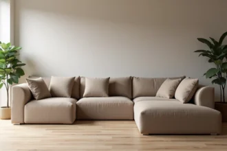 Housse canapé d'angle convertible anti-taches en lin taupe dans un salon moderne minimaliste
