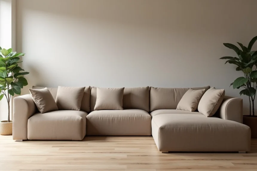 Housse canapé d'angle convertible anti-taches en lin taupe dans un salon moderne minimaliste