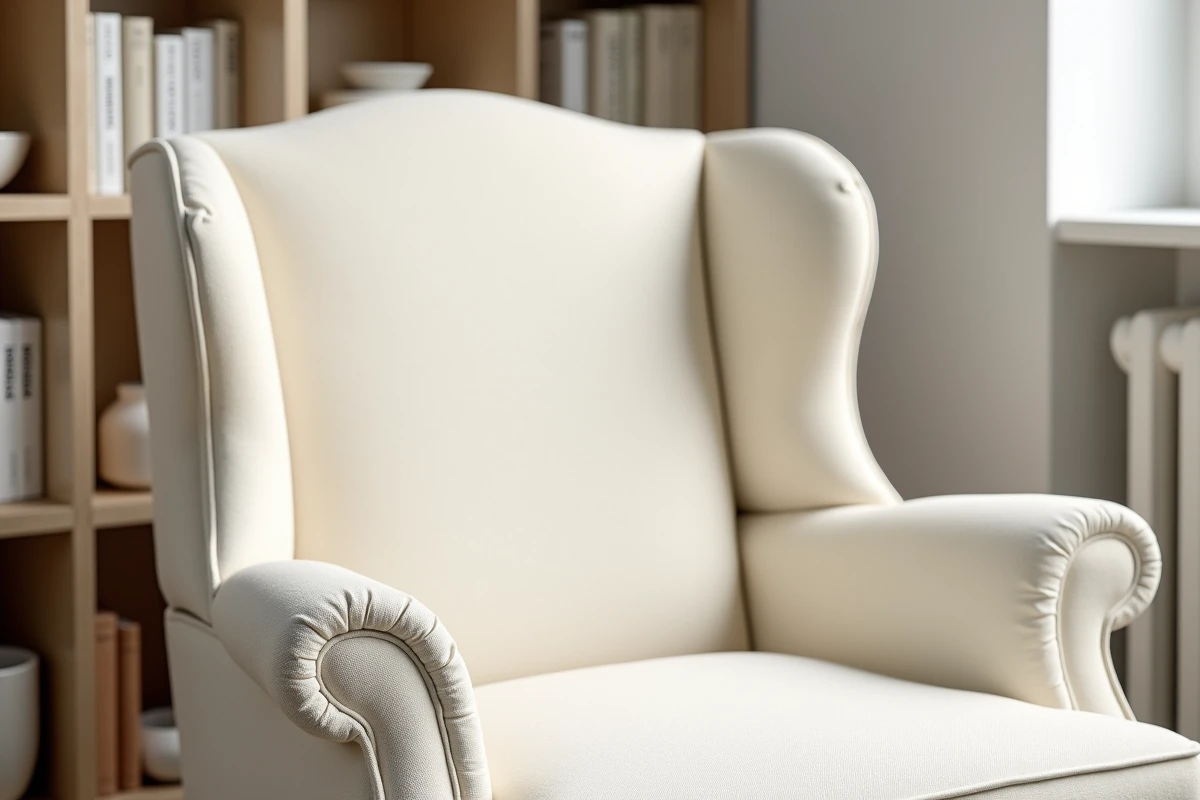 Housse extensible crème sur fauteuil à oreilles dans un bureau scandinave épuré