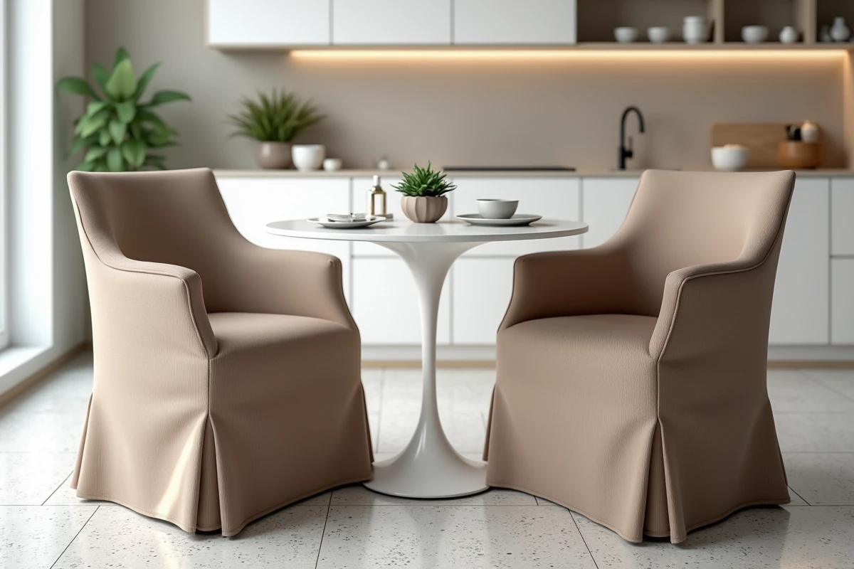 Deux fauteuils de salle à manger avec housses extensibles taupe assortis dans un intérieur moderne