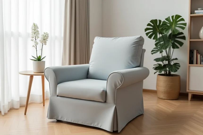 Housse extensible grise pour fauteuil dans un salon moderne au parquet en chêne clair