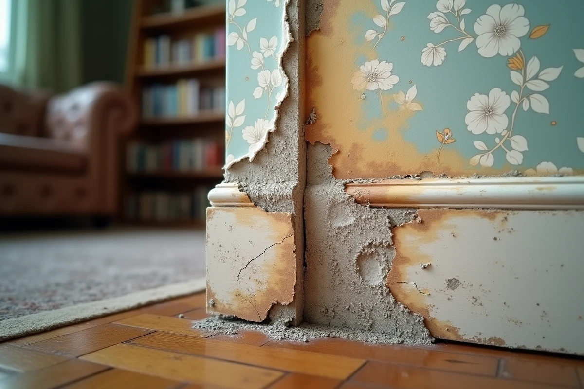 Angle de mur en appartement avec infiltration d'eau, papier peint décollé et fissure au plafond