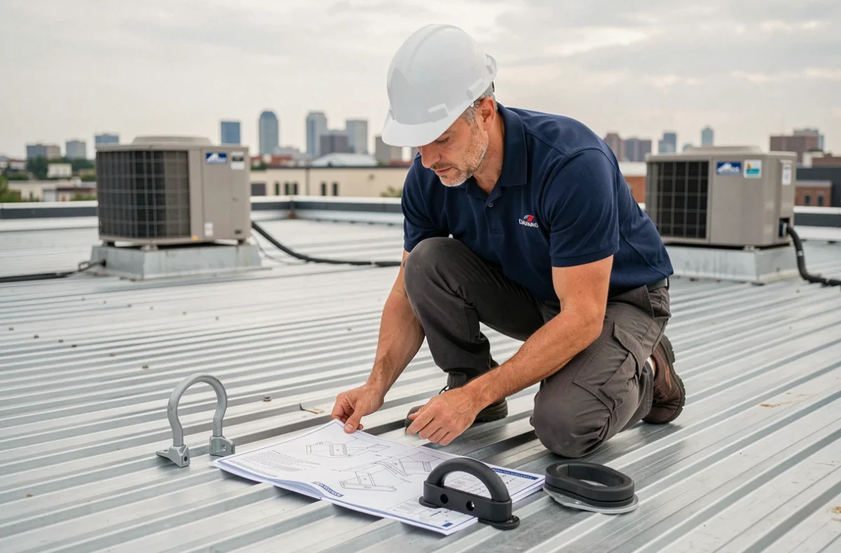 Ingénieur comparant deux types de fixations pour panneaux solaires sur un toit en bac acier lors d'une étude technique sur site