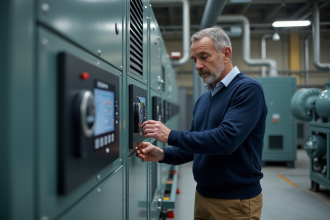 Ingénieur homme examine un écran digital dans une usine moderne