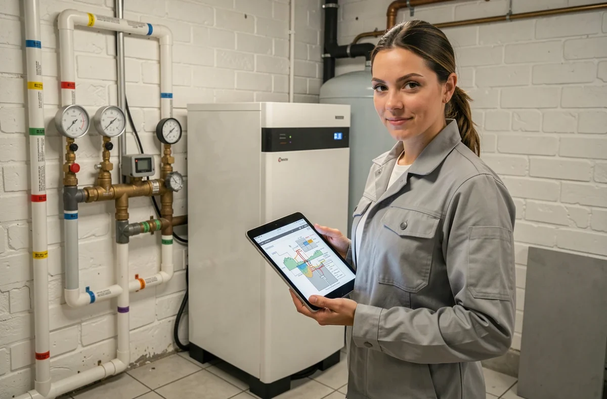 Ingénieure présentant une pompe à chaleur eau/eau dans une chaufferie résidentielle avec schéma géothermique