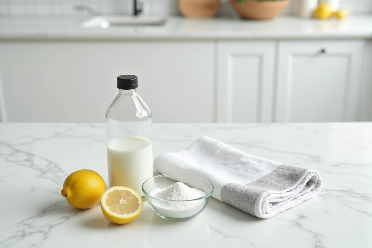 Ingrédients naturels pour blanchir le linge gris ou jauni posés sur un plan de travail en marbre blanc
